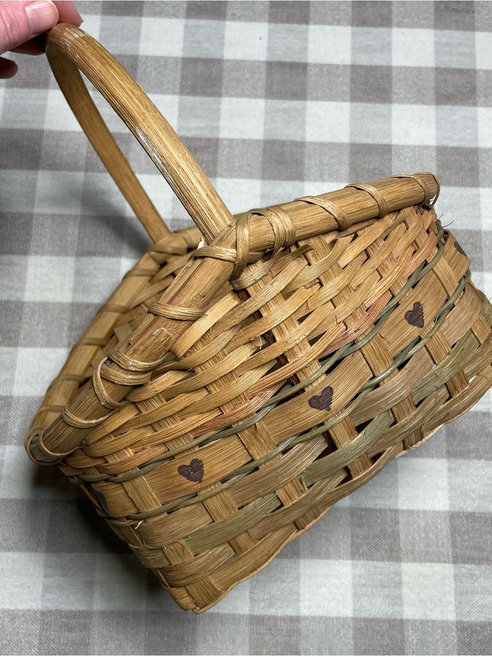 Woven Natural Rattan Handheld Gathering Basket with painted hearts